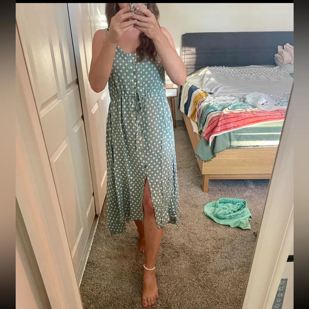 Polka Dot Midi Slip Dress Spaghetti Strap Large Classic Brovave Blue Green